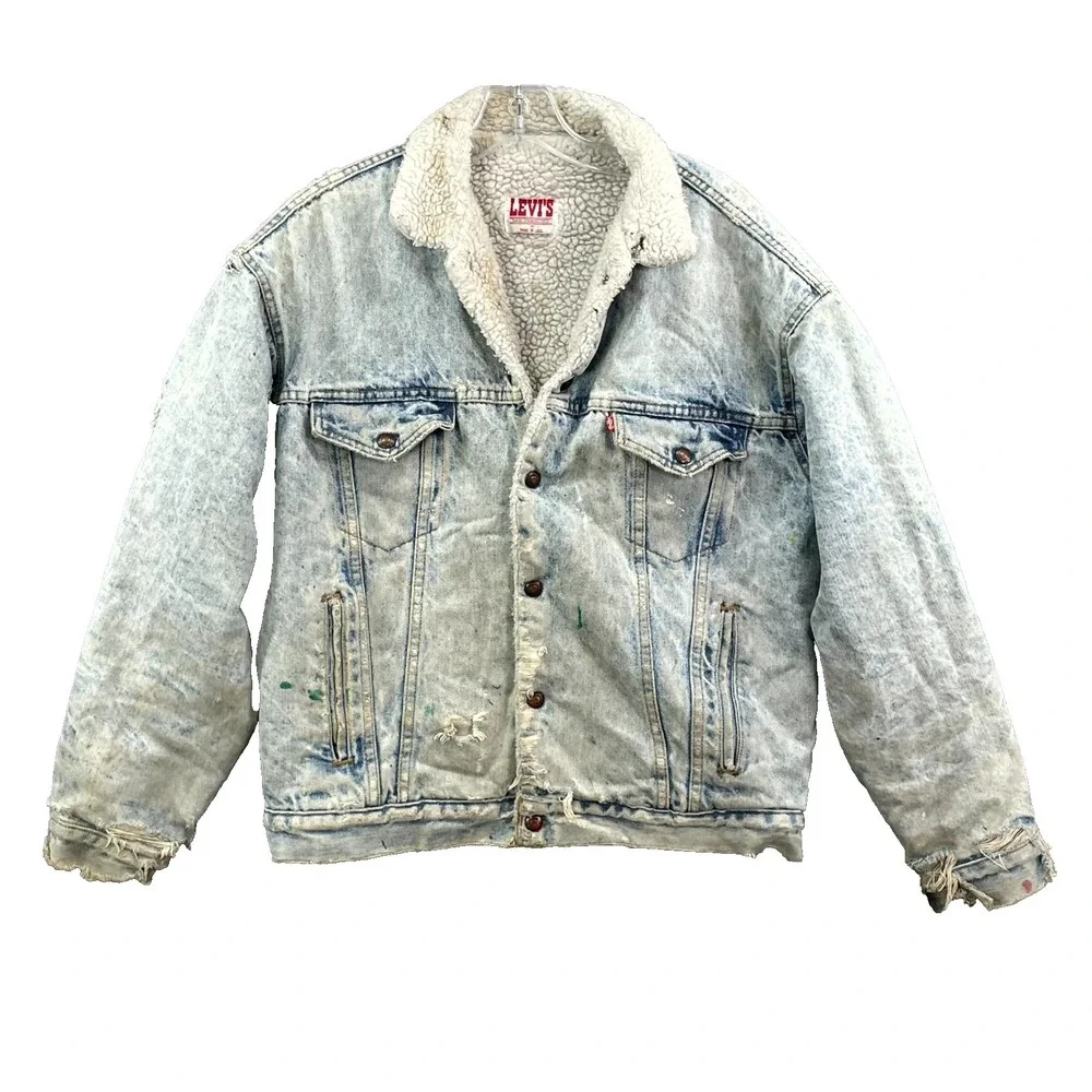 VTG Levi's Trucker Jacket Mens M Acid Wash Sherpa‎ Lined Distressed Western USA